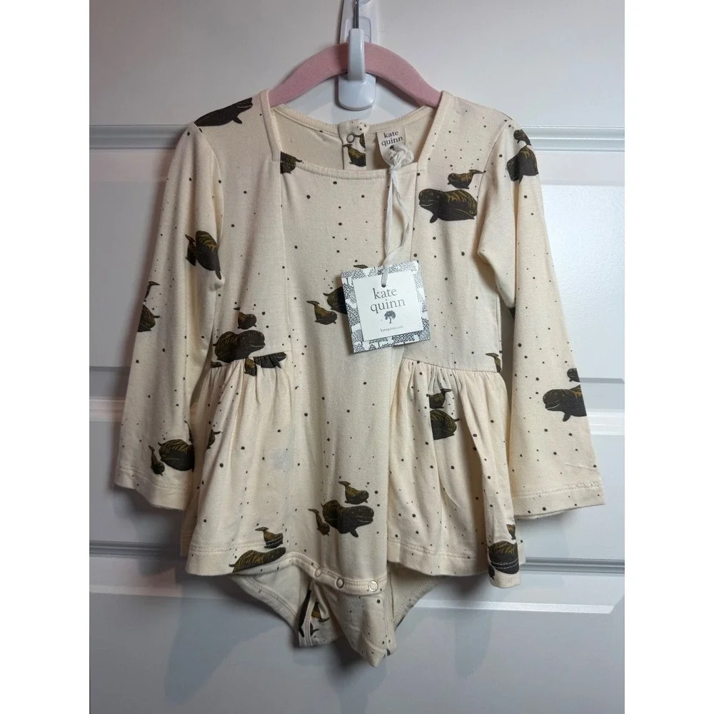 15. Kate Quinn Manatee Print Peplum Bodysuit Cream Long Sleeve 18-24M NWT Bamboo
